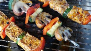 Grilled mushroom, zucchini and red pepper kebabs