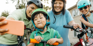 Family out bike riding together