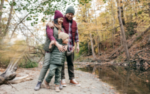 family on a hike during the fall