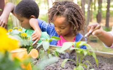 A young boy and girl lean over a raised garden bed while gardening in the summer