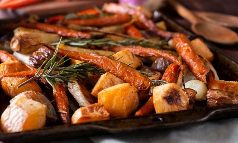 Sheet pan of roasted root vegetables