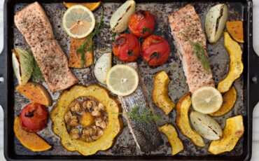 Sheet pan meal with salmon and winter vegetables