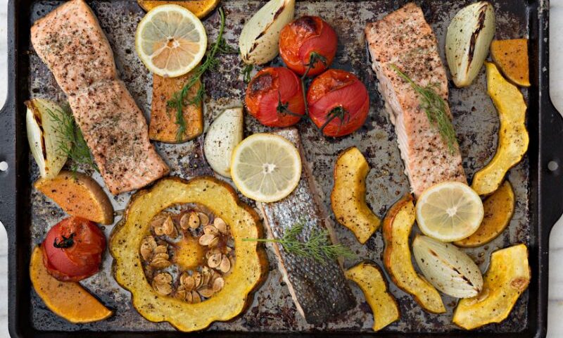 Sheet pan meal with salmon and winter vegetables